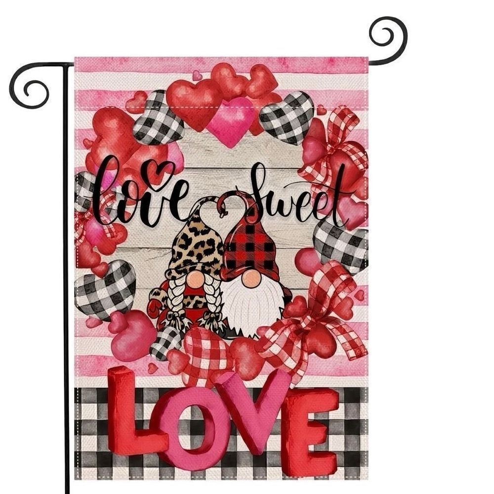 Happy Valentine Gnome Garden Flag Double Sided With Hearts Farmhouse New Decor